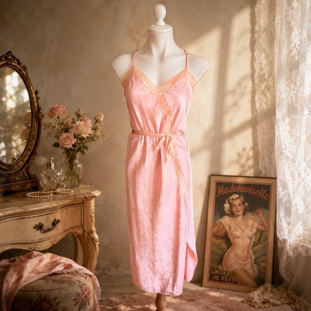 Vintage JCPenney 1980s Pink Floral Jacquard Nightgown Diagonal Lace S